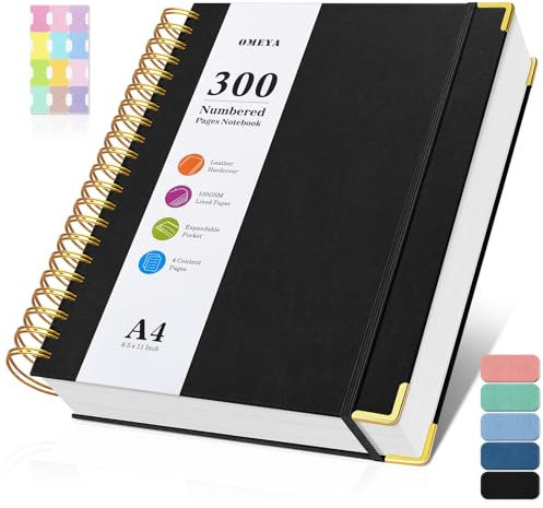 Notizblock, Notizbuch A4 Liniert, Notizbücher mit 300 Nummerierten Seiten, 100GSM Dickes Notizheft, Hardcover Leder spiralbindung Journal für Frauen und Männer, Großes Notizbuch für Arbeit Büro Schule