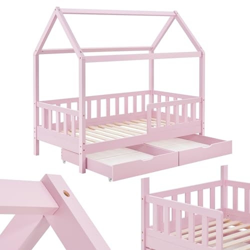 Juskys Lit cabane Enfant Marli 80x160 cm avec 2 tiroirs, Protection antichute, sommier à Lattes, Matelas et Toit, Lit Maison Montessori en Bois Massif, Rose