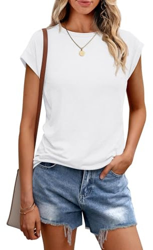 Cuptacc T-Shirt Women's Tops Summer Crew Neck Tops Women's Elegant Basic Blouse Short Sleeve Tank Top Business Outfit White, M