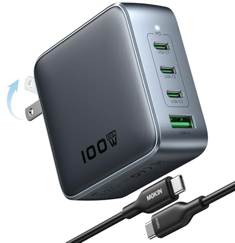 100W USB C Charger, 4-Port GaN Charger USB C Fast Charging Station Foldable Compact Wall Charger Power Adapter for MacBook Pro/Air, Dell XPS, iPad Pro, iPhone 16/15,