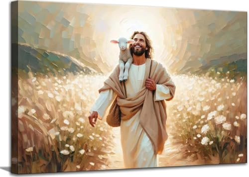 Kunstdruck auf Leinwand, Jesus und Lamm, Jesus rettet das verlorene Lamm, Wanddekoration, Bilder, Wanddekoration, Bilder unter Blumen, Malerei, Poster, Drucke für Esszimmer, Wohnzimmer, Küche, Wand
