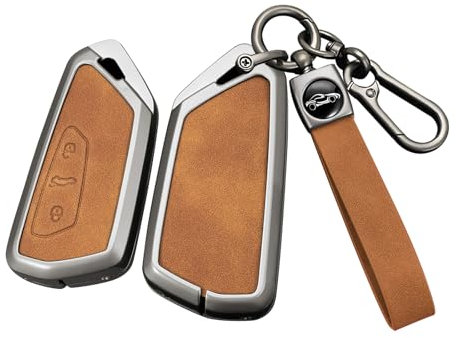 ontto Autoschlüssel Hülle Schlüsselhülle Schlüsselanhänger Passt für Skoda Kodiaq Superb 4 B9 Enyaq Coupe Octavia 4 RS für VW Golf 8 ID.3 ID.7 2023-2025 3 Tasten Metallgehäuse Schlüsselcover-B Braun