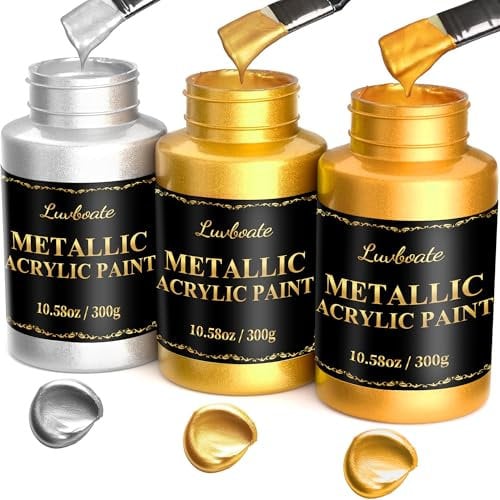 Metallic Acrylfarbe, 3 Farben 24k Gold & Helles Gold & Silber 31,75oz(900g), Ungiftige, Nicht Verblassende Metallfarbe für Kunstmalerei auf Stoff, Leinwand, Holz, Ton, Kunsthandwerk