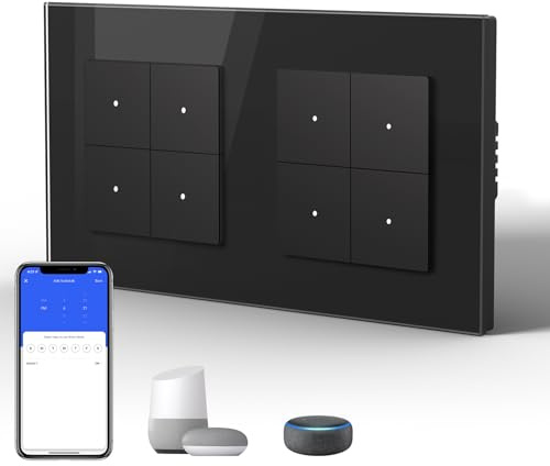 BSEED Lichtschalter Glas Smart WiFi Wechselschalter Compatibel mit Google Home und Alexa Neutrale Leitung Benötigt, 4 Fach 1 Weg, 157mm Schwarz