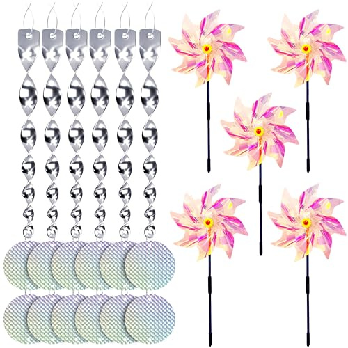 Repellente per uccelli e piccioni, 23 pezzi, per proteggere giardino, frutteto, cortile (5 ruota a vento rosa + 6 spirali a vento + 12 riflettori rotondi)