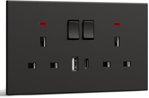 BSEED Double Socket with USB C, Electrical Double Switched Power Plug Wall Socket with LED Indicator, PC Wall Plate Outlet, Black, 13A