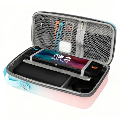 FIWWAT Coque de Transport pour Nintendo Switch 2, Étui de Voyage Portable avec 12 Emplacements pour Cartes de Jeu, Compatible avec Manette Pro ou Dock, Support Intégré et Protection – Bleu&Rose