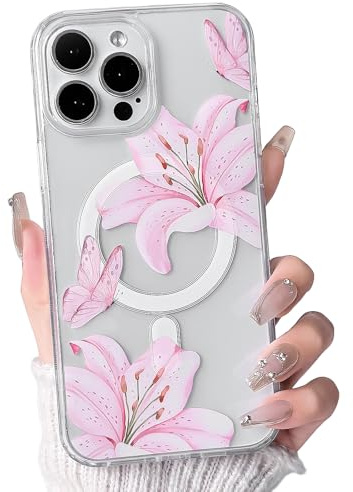 NITITOP for iPhone 13 Pro Case Clear Cute Floral Lily Magnetic, Pink | for Women Girls, Flower Butterfly Design, Compatible with MagSafe, Hard PC Back Shockproof Cover, Full Camera Protection