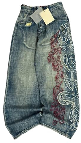 WLIHDB Herren Jeans Stickerei Baggy Jeans Männer High Street Vintage Casual Wide-Leg Hose FüR Herren