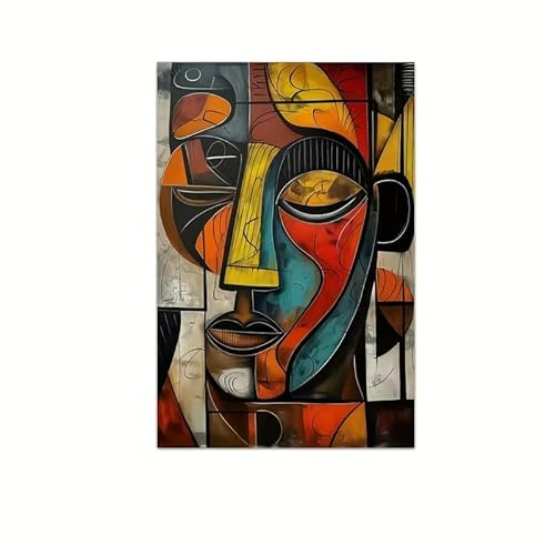 PVPQPR Affiche murale Picasso jaune et marron,peinture sur toile moderne abstraite représentant un masque tribal africain,décoration murale pour salon (21 x 30 cm,avec cadre)