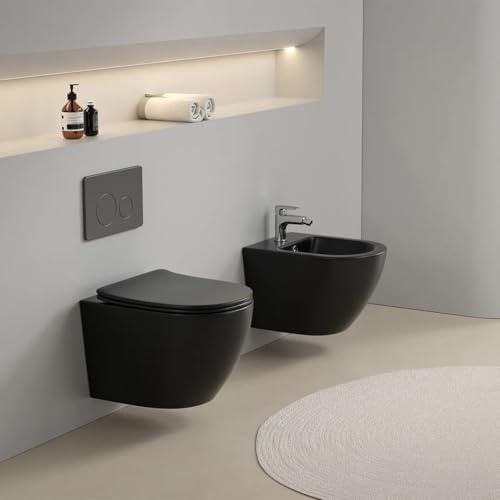 Kiamami Valentina - Coppia di sanitari sospesi wc+bidet in ceramica nero opaco | Folk