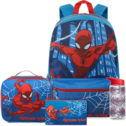Get Trend Spiderman Grand Sac a Dos Enfant Garcon, 4 Pcs, 46 cm Cartable, Sac Isotherme Repas Trousse Scolaire et 500ml Gourde avec Paille (Bleu/Multi Spiderman)