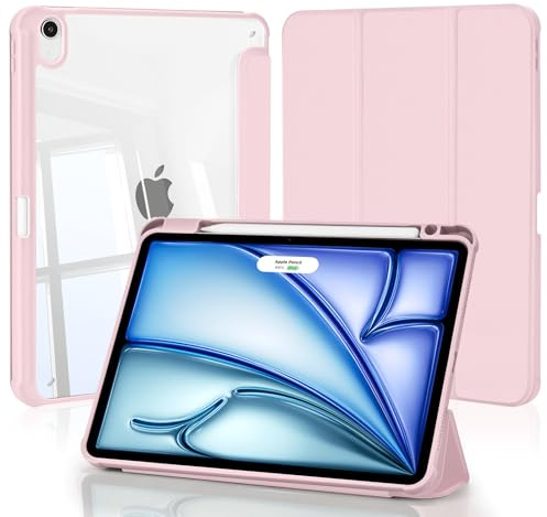 4UBonLife Coque pour iPad Air 11 Pouces M4/M3/M2 2026/2025/2024, iPad Air 5/4 (10,9 2022/2020) avec Porte-Pencil, Housse de Protection Transparente Claire Arrière Étui Antichoc Tablette, Rose