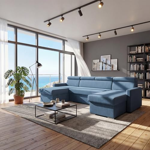 SOFILAND Vega U Ecksofa nach Maß | Breite anpassbar | Schlaffunktion 2 Bettkasten U-Form verstellbare Kopfstützen Samt-Stoff Best 305x151 cm (Blau)