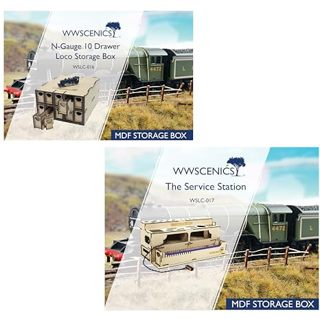 WWScenics Loco Aufbewahrungsbox 10 Schubladen & Lok Servicestation - N Spur Modelleisenbahn Lokomotive Lagerung & Wartung Bundle - Stapelbare Aufbewahrung mit tragbarer Reinigungsstation