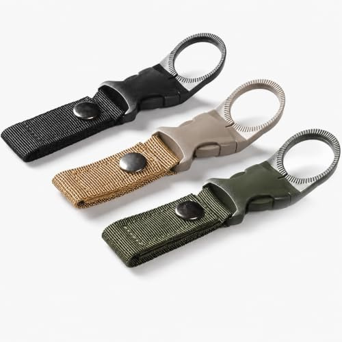 Mnixy 3 Pack Nylon Water Bottle Holder Straps for Hiking and Camping | Three nylon bottle clip straps in black, khaki and army green attach to belts or backpacks for hiking and daily carry.