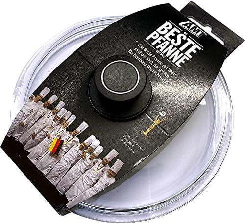 AMT Gastroguss runder Glasdeckel mit Deckelknopf und AMT-Original-Banderole, Ø 18 cm, backofenfest, passend Produkte (Bratpfannen, Schmorpfannen, Kochtöpfe etc.), AMZN-018-Z1-L2