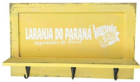 quantio Nostalgisches Holz Schlüsselbrett - Garderobe mit 3 Haken - Brett mit Ablage - Schlüsselablage BZW. Handy-Ablage - Hakenleiste, Farbe:Gelb