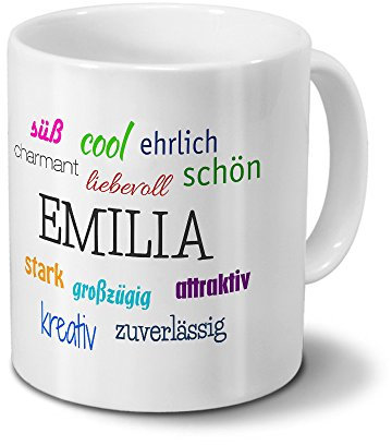 printplanet Tasse mit Namen Emilia - Positive Eigenschaften von Emilia - Namenstasse, Kaffeebecher, Mug, Becher, Kaffeetasse - Farbe Weiß