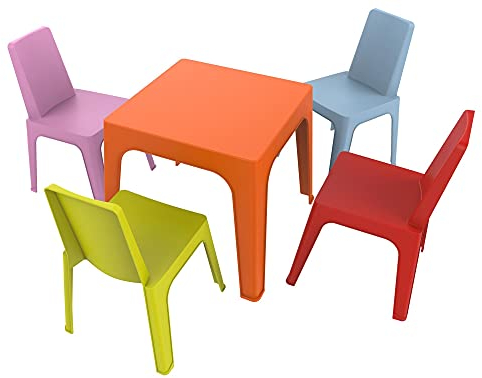 RESOL Set Julieta: Table et 4 chaises pour Enfants. Meubles pour Enfants pour extérieur ou intérieur. pour Jardin, Patio, Balcon ou terrasse - 1 Table Orange + 4 chaises Rouge/Rose/Bleu/Citron