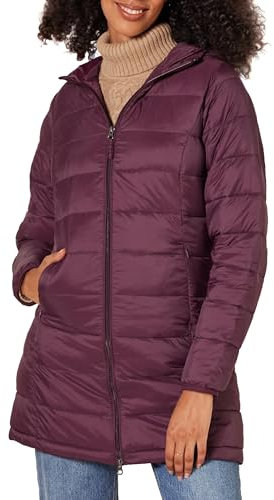 Amazon Essentials Damen Leichter, wasserabweisender, verstaubarer Puffermantel mit Kapuze (erhältlich in Übergrößen), Burgunderrot, XL