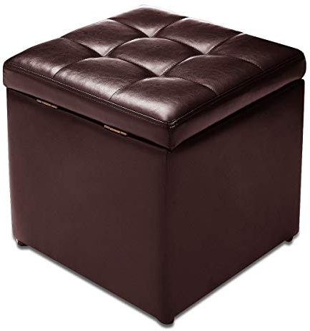 Multigot Storage Ottoman, Faux Leather Foot Stool with Hinge and Padded Seat, 40x40x40CM Cube Bench for Living Room, Bedroom and Office, 150Kg Capacity (Brown)