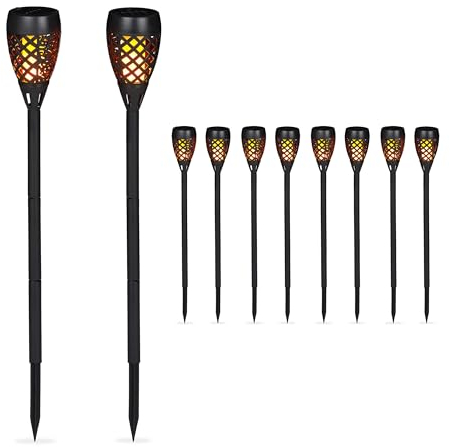 Relaxdays Kit de 4 Antorchas Solares de Jardín para Clavar al Suelo, Plástico, Negro, 78 cm