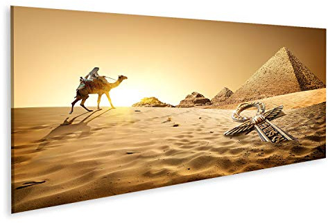 islandburner Bild Bilder auf Leinwand Beduine auf Kamel nahe Pyramiden und Ankh in der Wüste Wandbild Poster Leinwandbild UGP