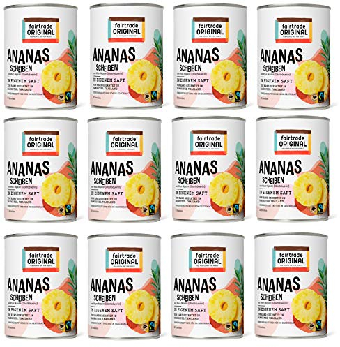 Ananas in Dosen von Fairtrade Original | 560 g Ananasscheiben in eigenem Saft | 10 Ananas Scheiben ohne Zucker | Sweet Pineapple | Dosen Ananas Fair Trade und natürlich (12 Dosen (je 560g))