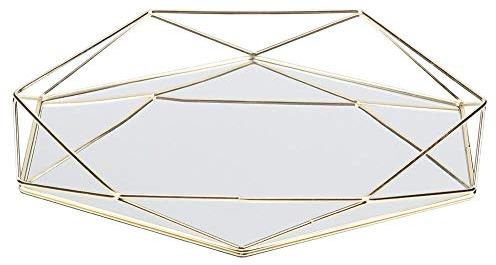 MAGT - Bandeja de Espejo Dorada, Bandeja de Almacenamiento de Cristal, decoración de Cristal, de Metal, Dorado, Estilo Vintage, para decoración de baño, Maquillaje, tocador