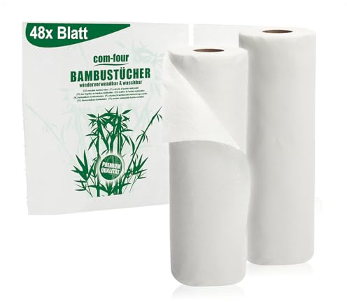 COM-FOUR® double pack d'essuie-tout, 48 feuilles de chiffons tout usage absorbants, chiffons de ménage réutilisables et lavables (2 rouleaux de 24 feuilles - blanc)
