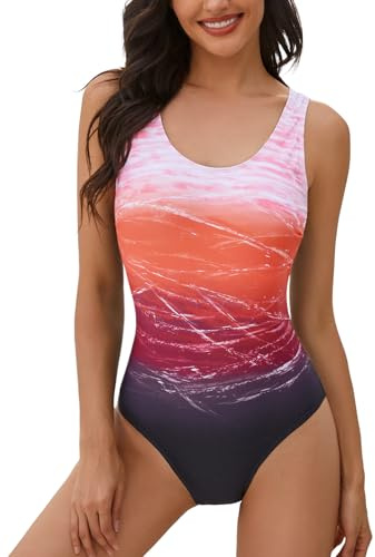 heekpek Einteiliger Badeanzug Damen Bauchweg Frau Bademode Sport Weste Gradient Badeanzug Slim Fit Strandmode Rückenfreier Swimsuit Push-up Gepolstert Schwimmanzug