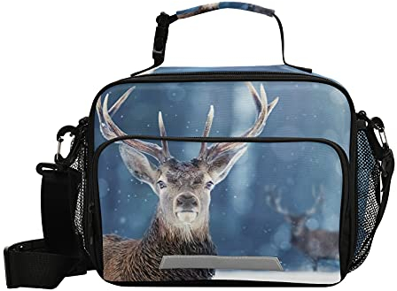 PUXUQU Lunch Tasche Aquarell Rentier Winter Kühltasche Schule Lunch Paket Lunch Tote Kühlbox Isoliertasche Mittagessen Tasche für Kinder Jungen Mädchen