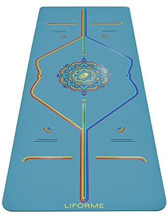 Liforme Bedruckte Yogamatten-Kollektion – patentiertes Ausrichtungssystem, rutschfest, umweltfreundlich, biologisch abbaubar, schweißbeständig, lang, breit und dick für Komfort – Blue Sky Rainbow
