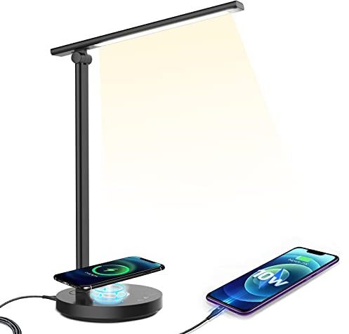 MDHAND Schreibtischlampe LED Einstellbare Helligkeit, Lampe Mit Ladefunktion, USB, Touch Steuerung, Lampe Mit timer, 5 Farb und 10 Helligkeitsstufen Dimmbar, Mit Energiesparen(Schwarz-Rund)