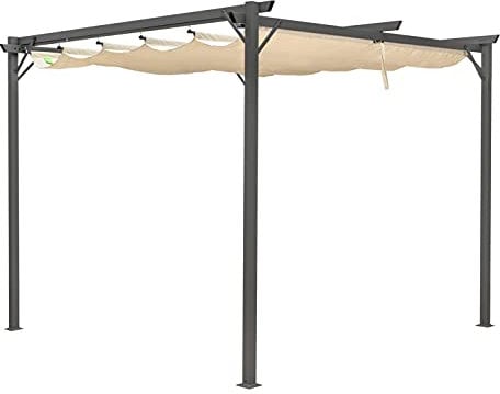 Hortan Gazebo Pergola 3 x 3 Metri Con Telo Impermeabile Richiudibile E Struttura Quadrata In Acciaio Inossidabile Ad Alta Densità, Per Arredo Giardino, Terrazzo e Attività Commerciale Beige