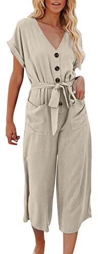 JOYISURE Overall Damen 3/4 Lang Jumpsuit mit Weitem Bein Schulterfrei Kurzarm Strampler Elastischer Bund Romper Leicht Freizeit Hosenanzug Lässiger Einfarbiger Playsuit mit Gürtel(Beige,L)