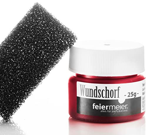 feiermeier Wundschorf 25g mit Schwamm – Spezialeffekt Blut für realistische Schürfwunden & Schnitte zu Halloween, Fasching & Theater Make-Up