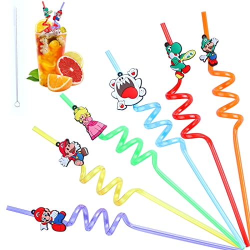 Trinkhalme,Lockige Party Trinkhalme,6 Stück Strohhalm Plastik + 1 Stück Bürste,Wiederverwendbare Strohhalme,Party Zubehör Geburtstagsfeier Strohhalm Kinder Geburtstag.
