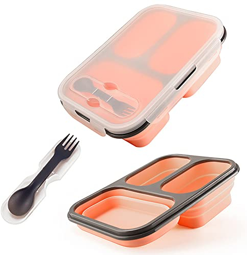 alouweekuky Faltbare Bento Box - Leak-proof Auslaufsichere Bento Lunchbox Brotdose aus Silikon Faltbare Lunchbox Lebensm (Rosa) ittel mit drei Fächern und Löffel und Gabel für Erwachsene/Kinder