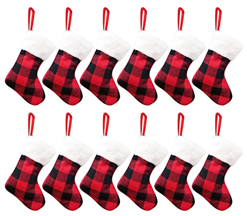 1/12/24er Set Weihnachsstrumpf Stoff Kamin Weihnachtssocken zum Befüllen & Aufhängen für Weihnachtsdeko Oder DIY, Nikolausstiefel Nikolausstrumpf für Weihnachten (Rotes Gitter-12pcs, 18 x 14 cm)