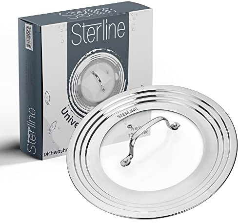 Sterline Large Universal Lid,Fits 8 -12 Inch Cookware,Tempered Glass Top with Steam Vent for Pots, Frying Pan,Stainless Steel Replacement Pot Lid for Kitchen Organizing, Space Saving