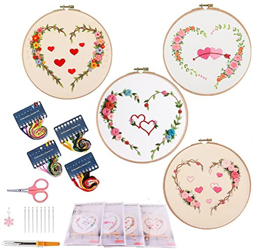 VINTAGE EMBROIDERY V.E. Stick-Kit Starter: 4 Sets Stickerei-Starter-Sets für Anfänger mit Herzmustern, Kreuzstich-Kits, Bambus-Stickrahmen, Farbfäden und Werkzeug-Anleitung für Heimdekoration