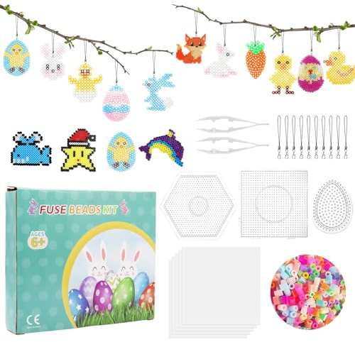 Ostern Bügelperlen Set, 2000 Stück 5mm Bügelperlen Ostern, 3 Bügelperlen Platten Accessoires, Ostermuster Bügelperlen Vorlage für Kinderbasteln, Kann als Osterdekoration zum Aufhängen Verwendet Werden