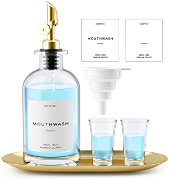Moryimi Mouthwash Dispenser, 16oz Glass Mouthwash Decanter for Bathroom, Mouth Wash Container Mouthwash Bottle with Pour Spout, Reusable Mouthwash Dispenser Set with Cups, Gold Tray and Funnel