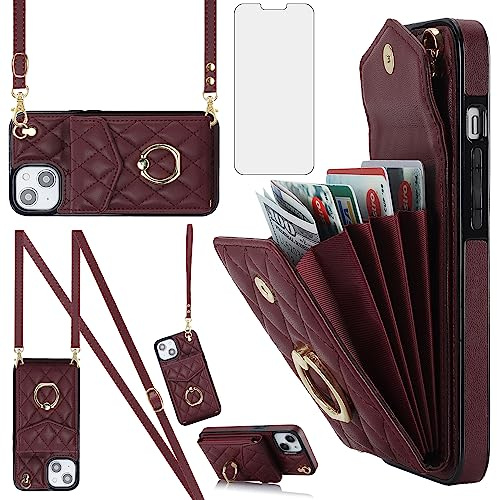 Asuwish Phone Case for iPhone 13 6.1 inch Wallet Cover with Tempered Glass Screen Protector Wrist Strap Ring RFID Blocking Card Holder Cell iPhone13 5G i i-Phone i13 iPhone13case Women Girls Wine Red