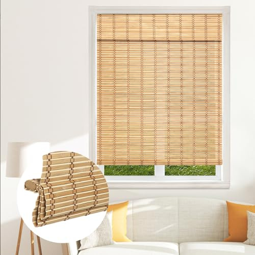 SEEYE Cordless Bamboo Blinds - Light Filtering Roller Shades, Natural Roman Blind, Easy to Install for Windows, Patio, Bedroom - 34 W x 64 H