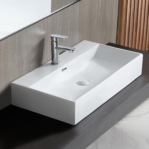 Eridanus Lavabo de baño rectangular de 30 x 16 pulgadas, montado en la pared, lavabo de cerámica blanca de alta calidad, lavabo de arte con desbordamiento, lavabo flotante
