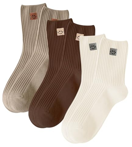 Kryzalite 3 Paar süße Crew-Socken, ästhetische Socken mit lächelndem Gesicht, bestickte Baumwollsocken für Damen, Mädchen und Studenten (Kaffee, Khaki, Milchweiß)