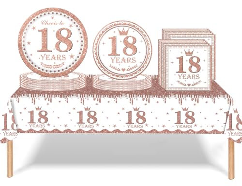 53Pcs Rose Gold Happy 18th Birthday Party Tableware Set - Plastic Table Cloth, Paper Plates, Napkins, Decorations Kit for Women Girl Her - Disposable Table Decorations